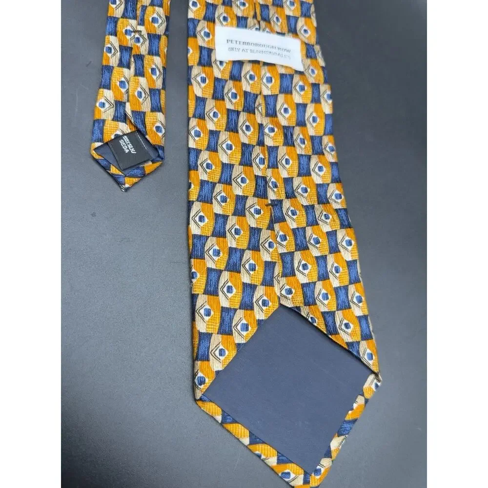 Peterborough Row Bloomingdales Silk Tie Gold Blue Geometric 59in Hand Sewn